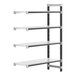 A white Cambro Camshelving Elements XTRA 4-shelf add-on unit with black shelves.