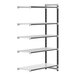 A white Cambro Camshelving Elements XTRA 5-shelf add-on unit with black handles.