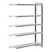 A white Cambro Camshelving Elements Xtra add-on unit with metal shelves.