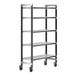A black metal Cambro Camshelving Elements mobile unit with vented shelves and wheels.