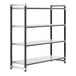 A metal shelving unit with four metal shelves.