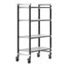 A metal Cambro Camshelving Elements mobile unit with vented shelves and wheels.