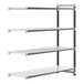 A white metal Cambro Camshelving® Elements XTRA add-on unit with 4 shelves and black metal rods.