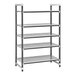 A white and gray metal shelving unit with four shelves.