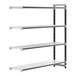 A white rectangular metal shelf with four shelves and black connectors.