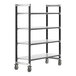 A black metal shelving unit on wheels with metal shelves.