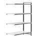 A white Cambro Camshelving Elements XTRA 4-Shelf Combo Add-On Unit with black trim and three shelves.