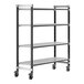 A grey metal Cambro Camshelving® Elements mobile unit with 4 vented shelves and wheels.