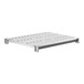A white metal shelf with a black vented top.