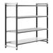 A metal shelving unit with four shelves from Cambro.