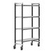 A black metal Cambro Camshelving Elements mobile unit with vented shelves on wheels.