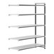 A white metal Cambro Camshelving Elements add-on unit with 5 shelves.