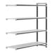 A metal shelving unit with four shelves from Cambro's Elements series.