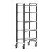 A metal Cambro Camshelving Elements mobile unit with vented shelves and wheels.