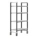 A black metal Cambro 4-shelf track shelving unit with wheels.