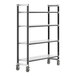 A grey metal Cambro Camshelving unit with wheels.
