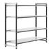 A metal shelving unit with four Camshelving® shelves.