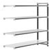 A metal shelving unit with four white shelves and black trim.