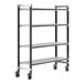 A grey metal Cambro Camshelving Elements mobile unit with 4 vented shelves and wheels.