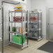 A five-shelf solid starter shelving unit used for organized storage in a commercial kitchen or pantry.
