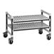 A grey and white metal Cambro Camshelving Elements undercounter unit on wheels with two shelves.