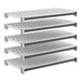 A set of five gray shelving units for storage, with four vented shelves and one solid shelf.