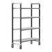 A white metal Cambro Camshelving unit with wheels and four shelves.