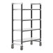 A black Cambro Camshelving unit with four shelves on wheels.