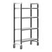 A black metal shelving unit with wheels.