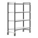 A black metal shelving unit with wheels.