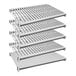 A row of white Cambro Camshelving® shelves with metal posts.