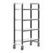 A black and silver Cambro mobile shelving unit with wheels.