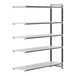 A white metal Cambro Camshelving Elements XTRA add-on unit with four vented shelves.