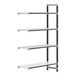 A white rectangular metal shelf with a black border with four shelves.