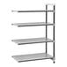 A grey metal Cambro Camshelving unit with four shelves.