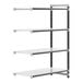 A white Cambro Camshelving® Elements XTRA add-on shelving unit with black shelves.