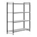 A black metal Cambro Camshelving unit with four vented shelves.
