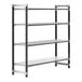 A metal shelving unit from Cambro with four shelves on a white background.