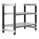A grey and black metal Cambro shelving unit with two shelves on each side.