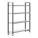 A black metal shelving unit with 4 shelves.