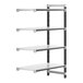 A white metal Cambro Camshelving Elements XTRA add-on unit with black shelves.