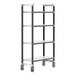 A black and silver Cambro Camshelving unit on wheels.