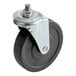 A black Lavex plastic hand truck caster with a silver metal plate and a metal bolt.