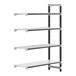 A white Cambro Camshelving Elements XTRA 4-shelf combo add-on unit on wheels with black shelves and black handles.