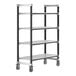 A Cambro metal shelving unit with wheels and four shelves.