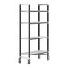 A black metal Cambro mobile shelving unit with four vented shelves and wheels.