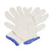 A pair of white Cordova jersey gloves with blue trim.