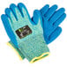 A pair of small blue and yellow Cordova iON heavy duty work gloves with a crinkle latex palm coating.