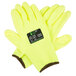 A pair of extra small Cordova heavy duty work gloves with yellow and black palm and wrist.