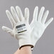 A pair of small white Cordova Monarch work gloves with white polyurethane coated palms.